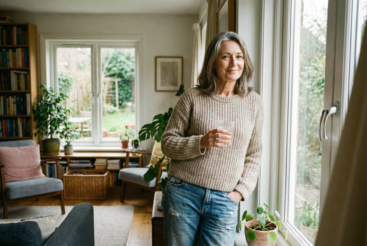 Midlife woman feeling comfortable and confident at home.